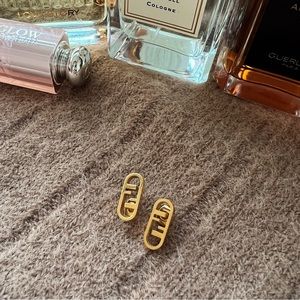 Fendi FF Logo Brass Gold Stud Earrings